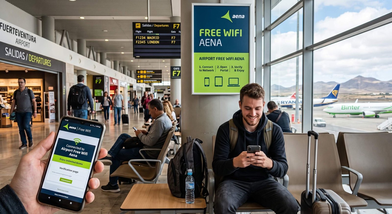 Traveller using a mobile phone to connect to free airport Wi-Fi internet at Fuerteventura Airport